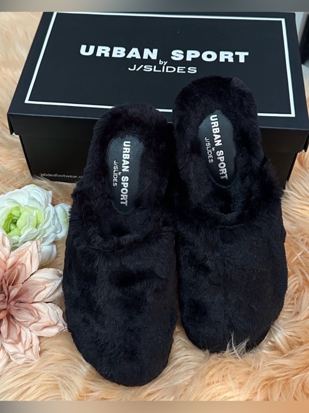 Slip On J Slide Slippers By Urban Sport Black Faux Fur Slippers Sz 7/8 NEW!